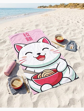 Telo Mare 70x140 cm 100% Poliestere | Gatto Kawaii Ramen Ciotola Rossa Kanji Giapponese Rosa | Asciu