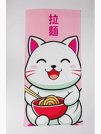 Telo Mare 70x140 cm 100% Poliestere | Gatto Kawaii Ramen Ciotola Rossa Kanji Giapponese Rosa | Asciu