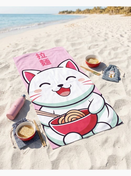 Telo Mare 70x140 cm 100% Poliestere | Gatto Kawaii Ramen Ciotola Rossa Kanji Giapponese Rosa | Asciu - Kiabi