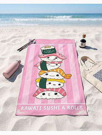 Telo Mare 70x140 cm 100% Poliestere | Kawaii Sushi & Rolls Impilati Rosa Strisce Giapponese
