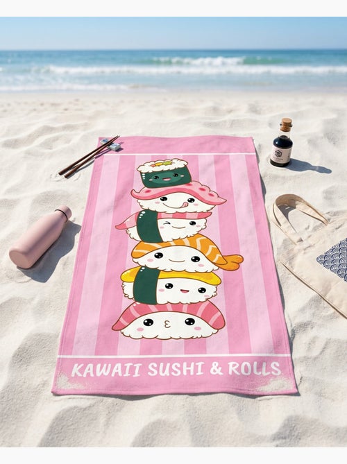 Telo Mare 70x140 cm 100% Poliestere | Kawaii Sushi & Rolls Impilati Rosa Strisce Giapponese - Kiabi