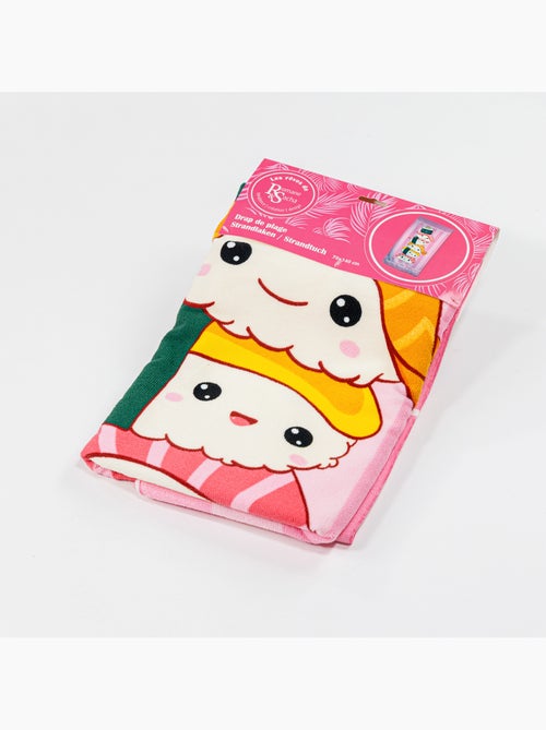 Telo Mare 70x140 cm 100% Poliestere | Kawaii Sushi & Rolls Impilati Rosa Strisce Giapponese - Kiabi