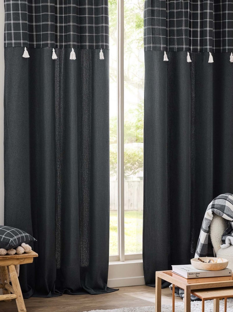 Tenda con occhielli, parte superiore a quadri e pompon in policotone Grigio antracite - Kiabi