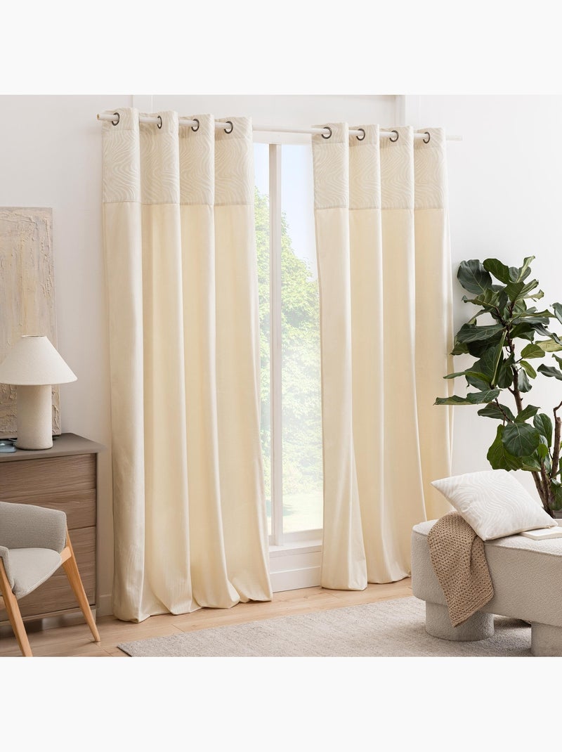 Tenda filtrante in velluto con occhielli e fascia in jacquard a strisce zebrate Legno naturale - Kiabi