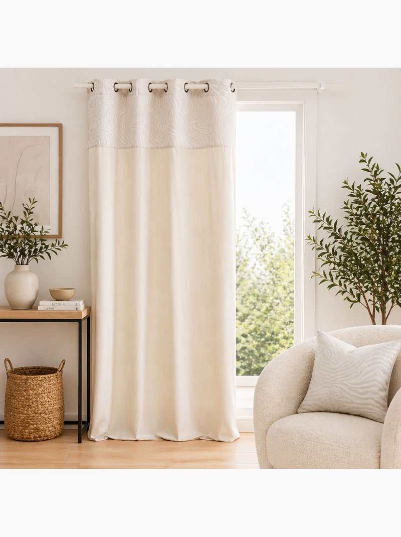 Tenda filtrante in velluto con occhielli e fascia in jacquard a strisce zebrate Legno naturale - Kiabi