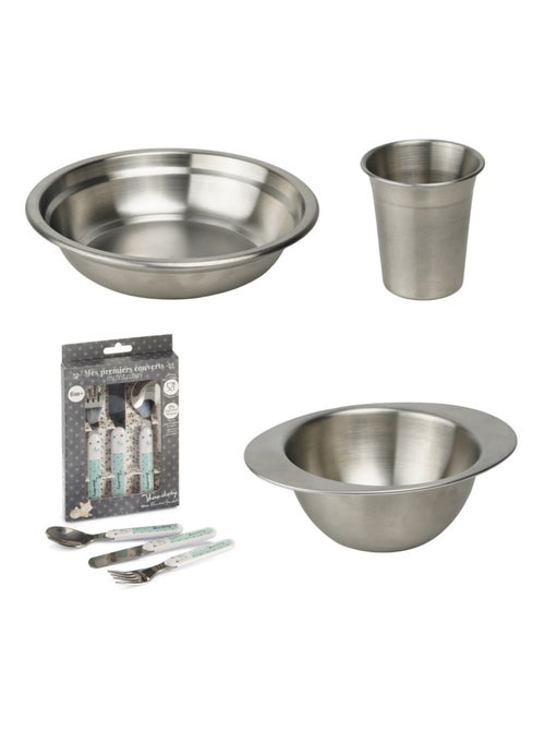 Thermobaby set pasto in acciaio inox per bambini: bicchiere, ciotola, piatto fondo e posate - Kiabi