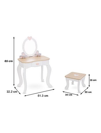 Toeletta in legno per bambine con specchio, sgabello e accessori beauty gioco 3+