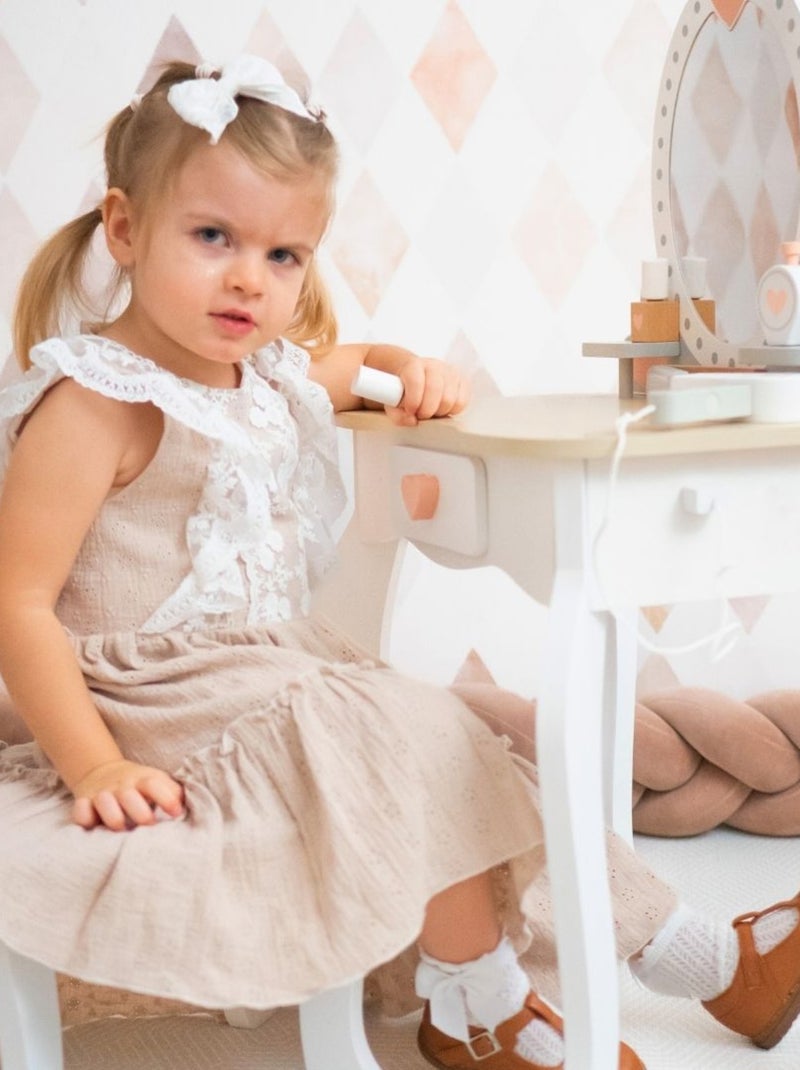 Toeletta in legno per bambine con specchio, sgabello e accessori beauty gioco 3+ Bianco Beige - Kiabi