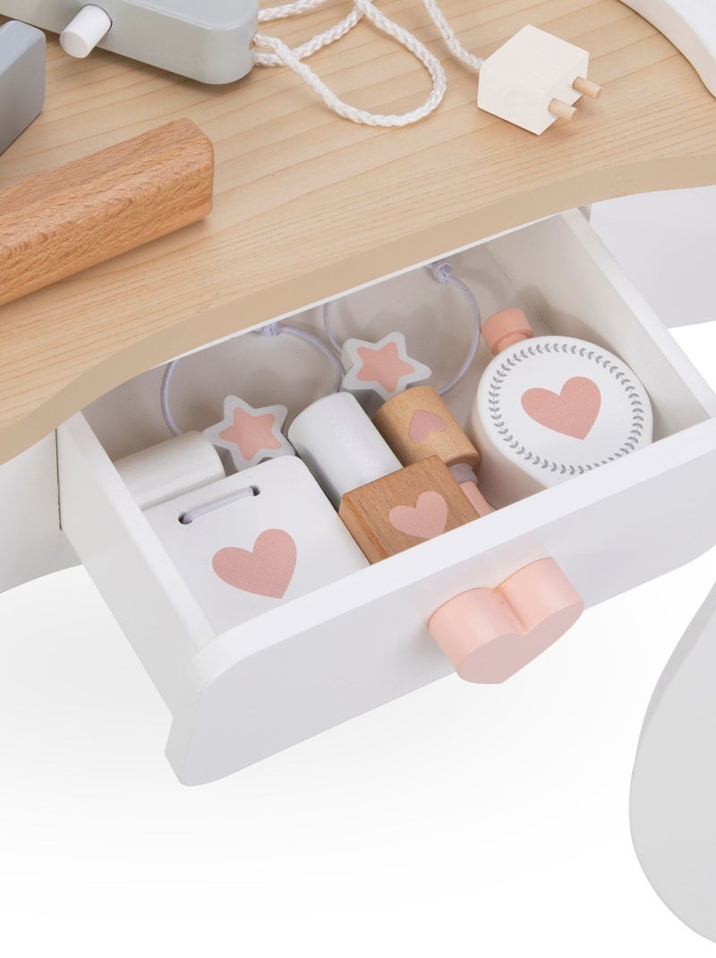 Toeletta in legno per bambine con specchio, sgabello e accessori beauty gioco 3+ Bianco Beige - Kiabi
