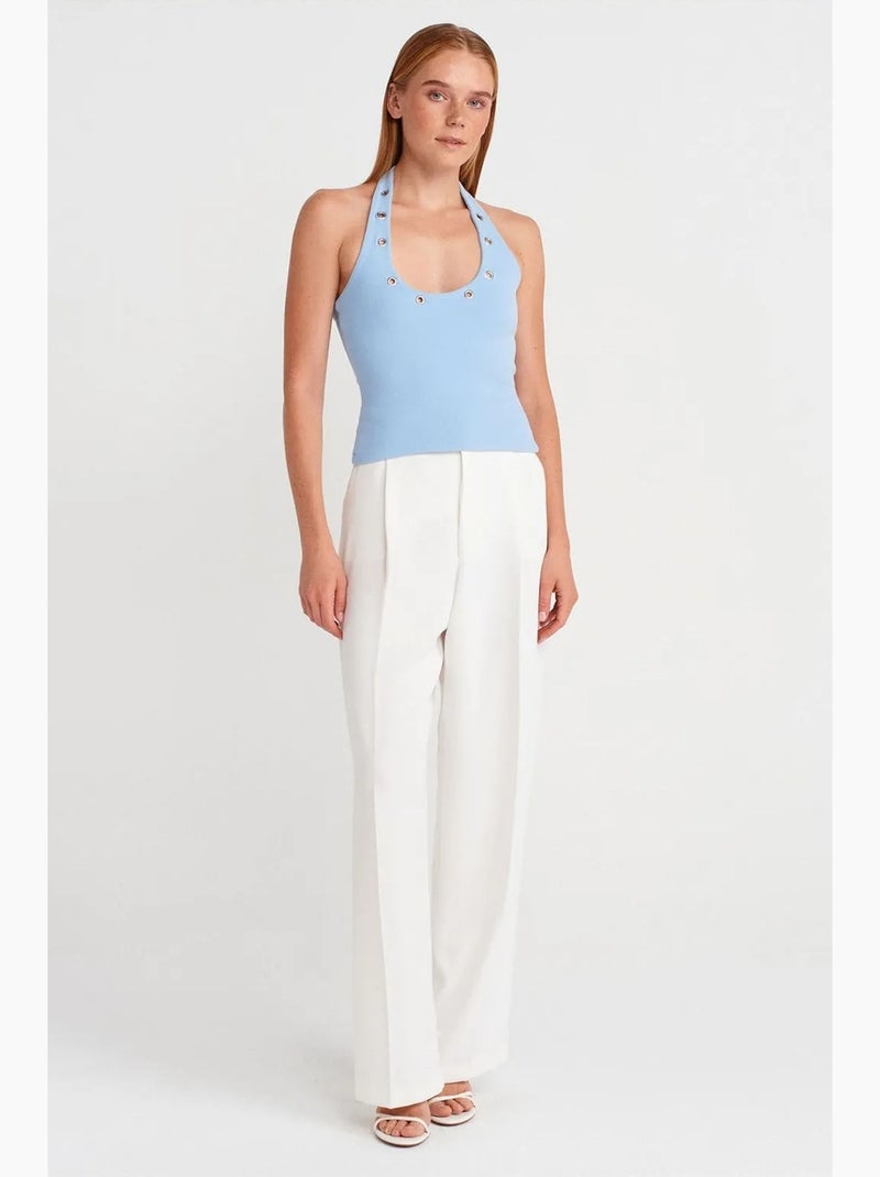 Top a costine collo all’americana dettaglio strass dilvin Blu cielo - Kiabi