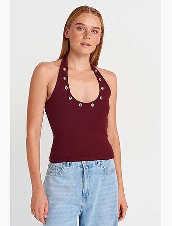 Top a costine collo all’americana dettaglio strass dilvin