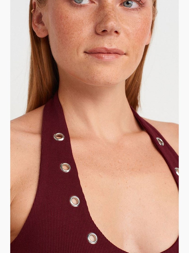 Top a costine collo all’americana dettaglio strass dilvin Rosso bordeaux - Kiabi