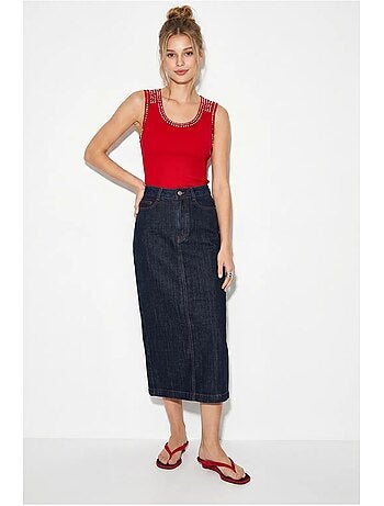 Top a costine girocollo con strass lucci