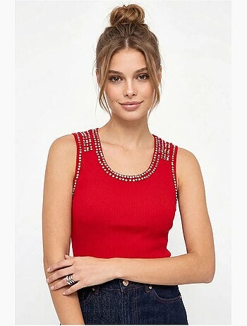 Top a costine girocollo con strass lucci