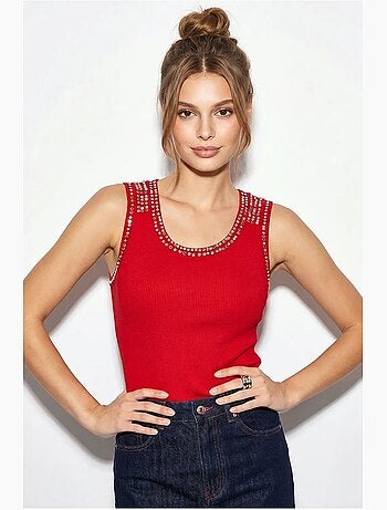 Top a costine girocollo con strass lucci