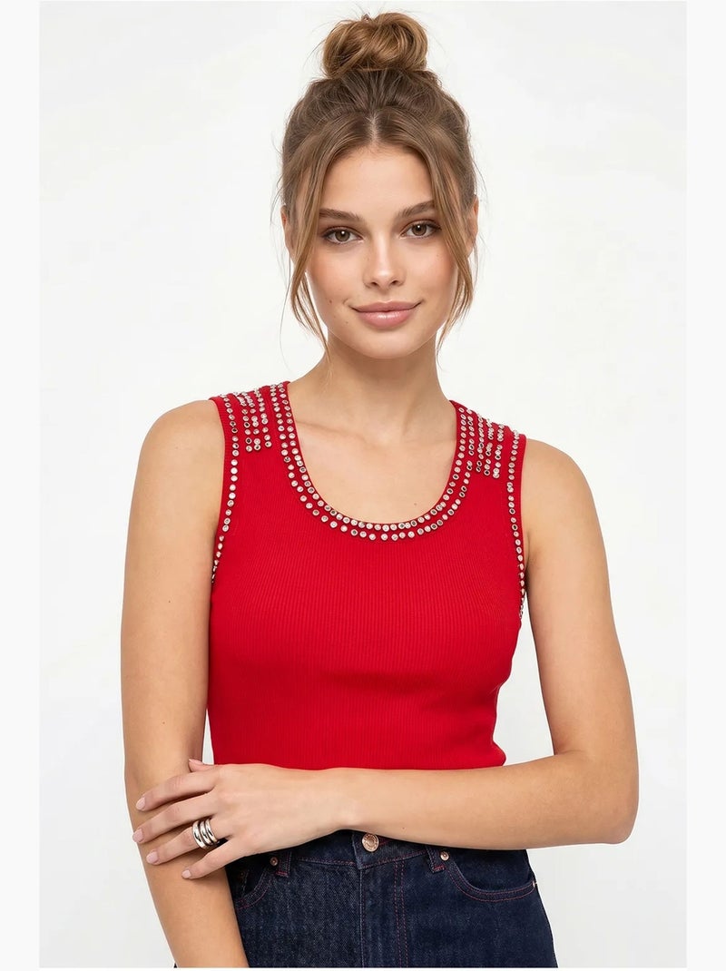 Top a costine girocollo con strass lucci Rosso - Kiabi