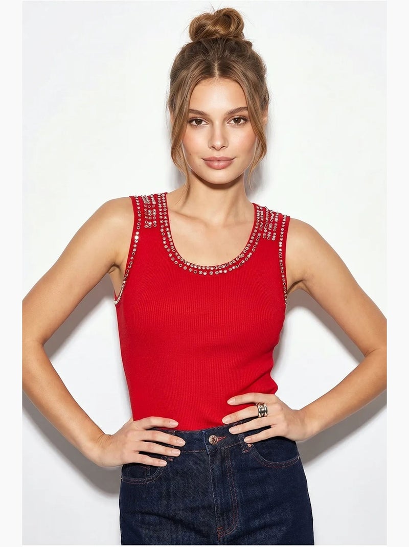 Top a costine girocollo con strass lucci Rosso - Kiabi