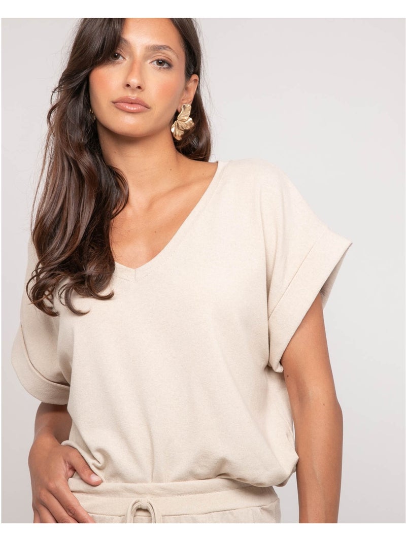 Top a maniche corte in pile scollo a V FAIZANE Beige - Kiabi