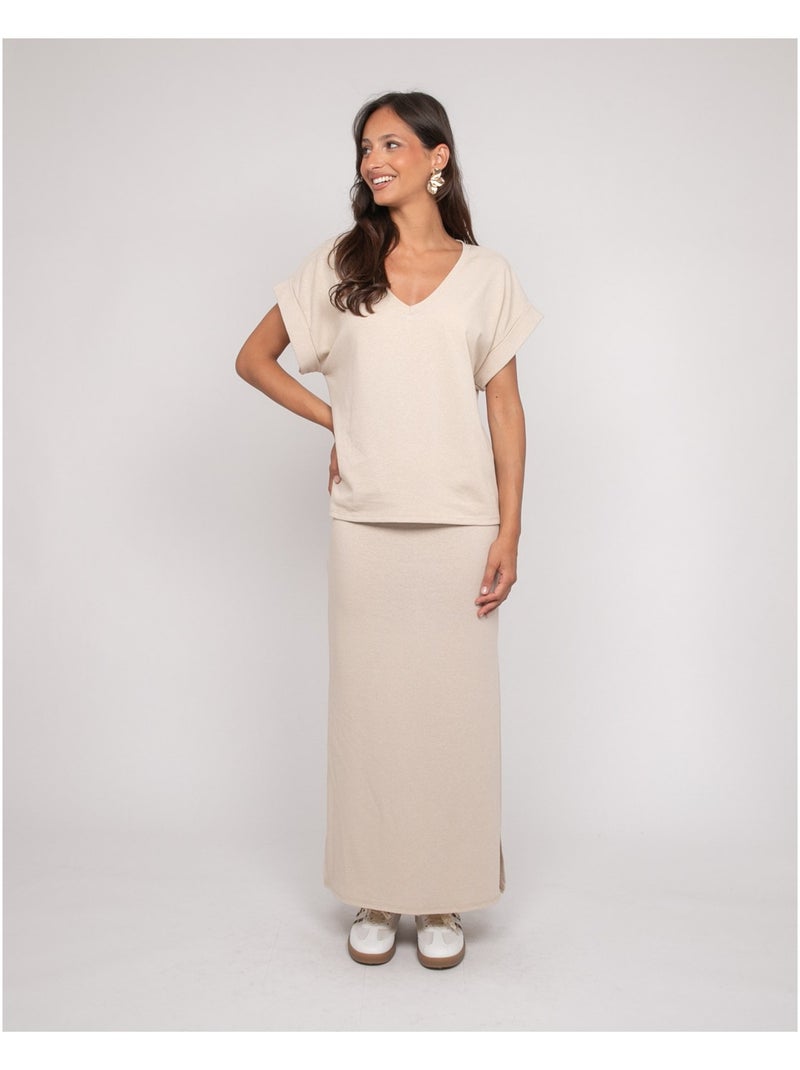 Top a maniche corte in pile scollo a V FAIZANE Beige - Kiabi