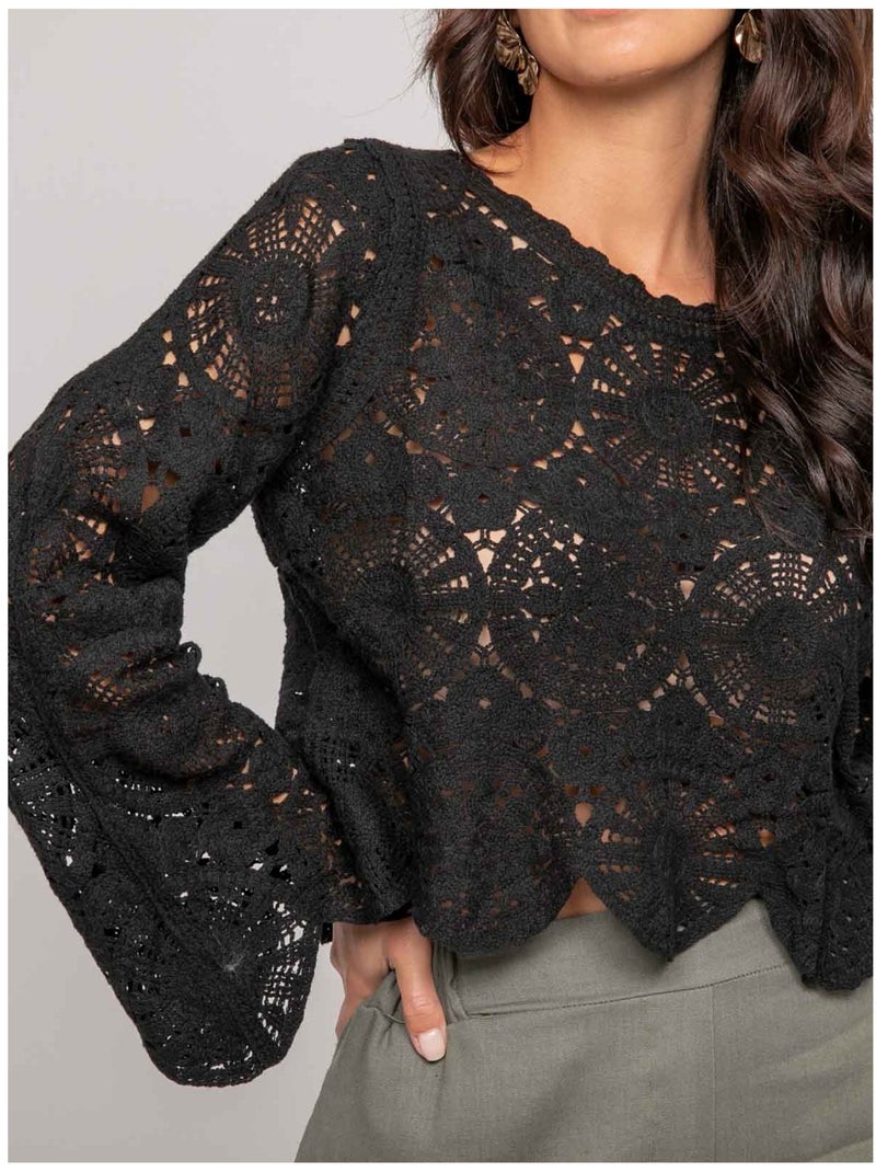 Top a maniche lunghe in pizzo FINARA Nero - Kiabi