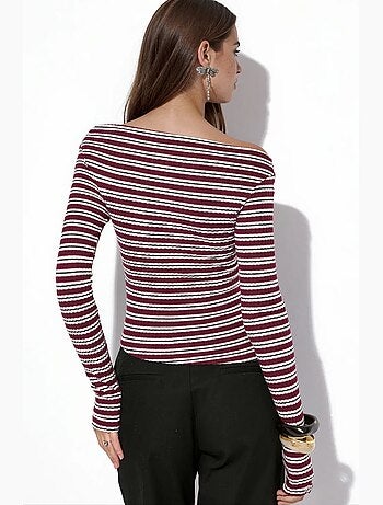 Top a righe a coste con scollo a barca busem