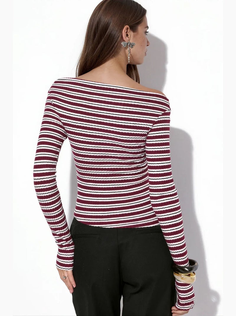 Top a righe a coste con scollo a barca busem Rosso bordeaux - Kiabi