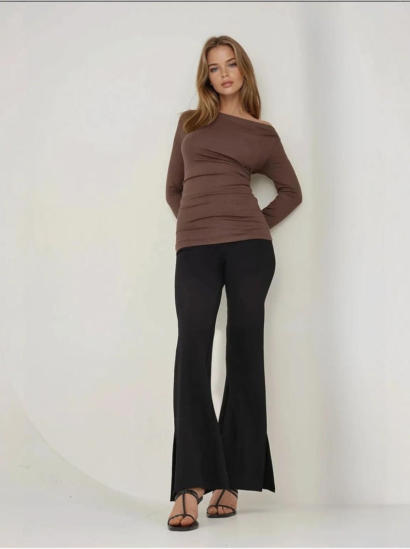 Top aderente a maniche lunghe con colletto asimmetrico hiccup Marrone - Kiabi