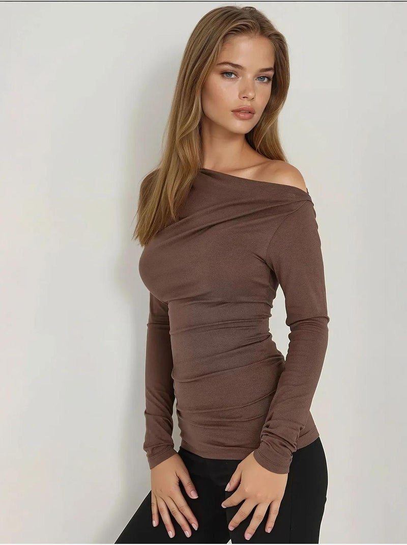 Top aderente a maniche lunghe con colletto asimmetrico hiccup Marrone - Kiabi