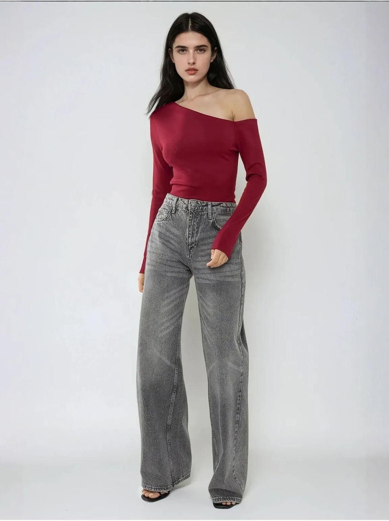Top aderente a maniche lunghe con scollo asimmetrico hiccup Rosso bordeaux - Kiabi