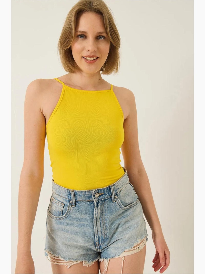 Top aderente in misto cotone scollo all’americana lucci Giallo limone - Kiabi