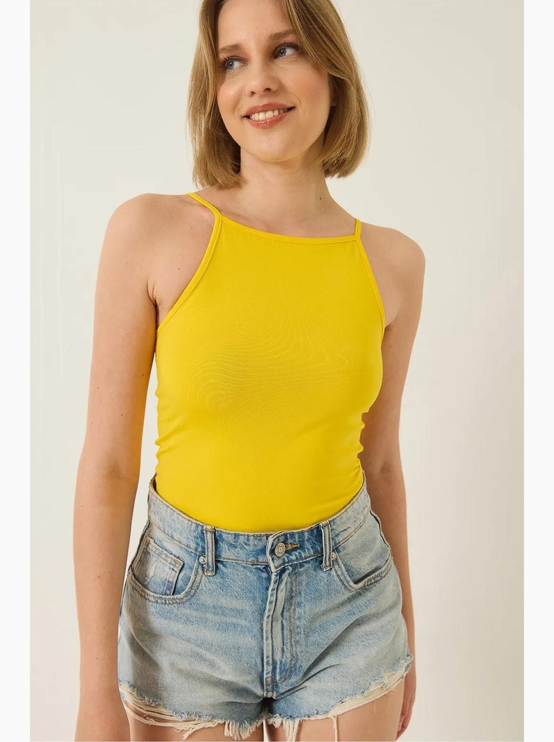 Top aderente in misto cotone scollo all’americana lucci Giallo limone - Kiabi