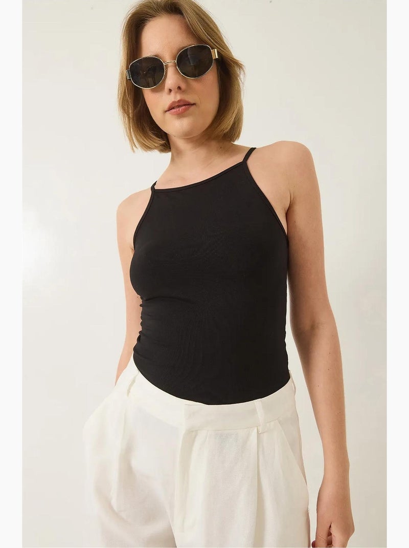 Top aderente in misto cotone scollo all’americana lucci Nero - Kiabi