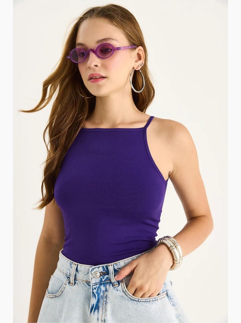 Top aderente in misto cotone scollo all’americana lucci Viola melanzana - Kiabi