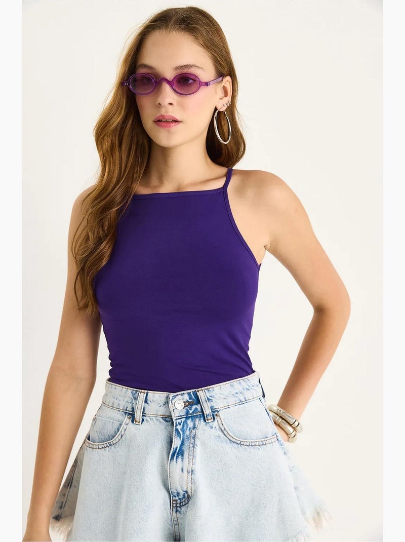 Top aderente in misto cotone scollo all’americana lucci Viola melanzana - Kiabi