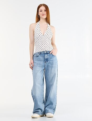 Top all'americana a pois in maglia crinkle