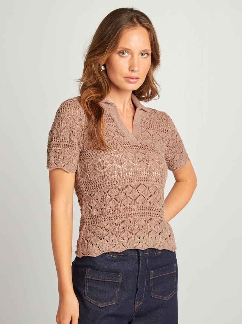 Top all'uncinetto con collo a polo MARRONE - Kiabi