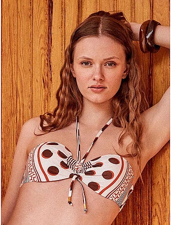Top bikini bandeau con stampa monogramma
