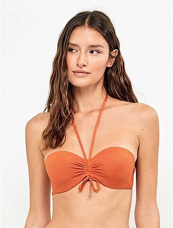 Top bikini bandeau removibile in piqué lurex dorato