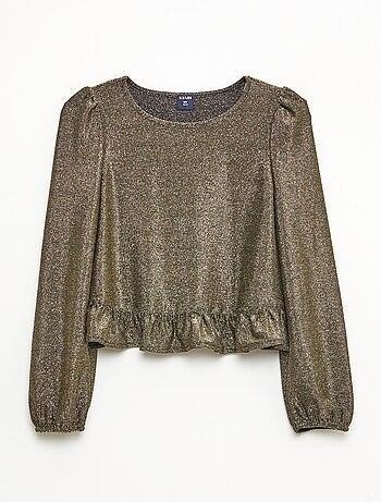 Top brillante in maglia con volant e motivo a baci