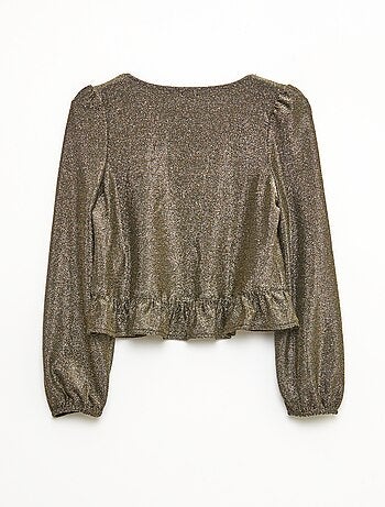 Top brillante in maglia con volant e motivo a baci