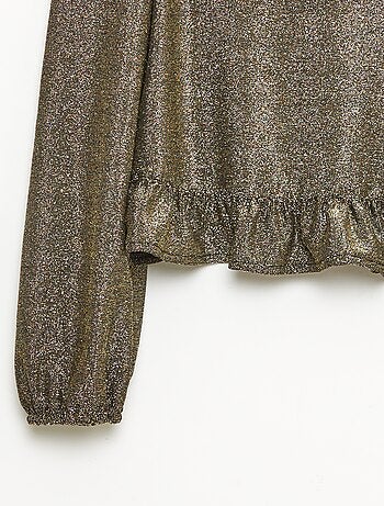 Top brillante in maglia con volant e motivo a baci