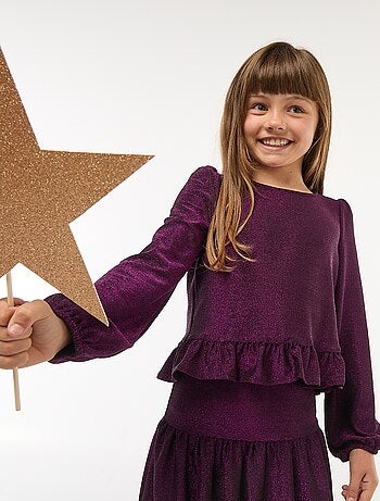 Top brillante in maglia con volant e motivo a baci