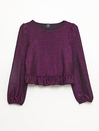 Top brillante in maglia con volant e motivo a baci