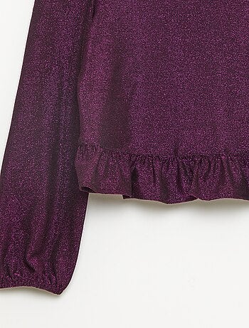 Top brillante in maglia con volant e motivo a baci