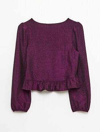 Top brillante in maglia con volant e motivo a baci