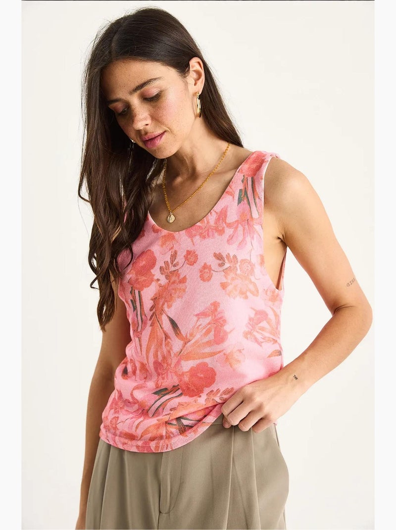 Top canotta in cotone-lycra floreale lucci Rosa fluo/Solinotes - Kiabi