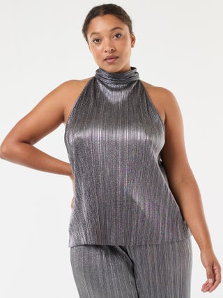 Top con giromanica all'americana in maglia plissettata