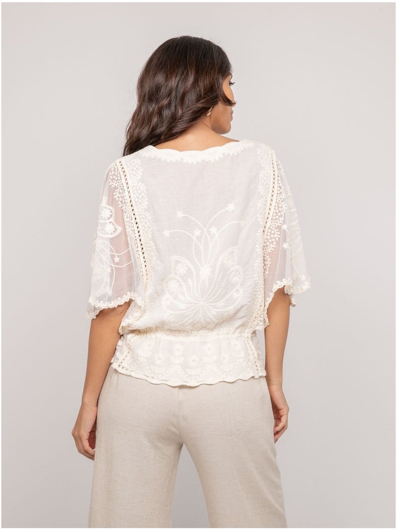 Top con maniche a farfalla e ricamo FLEURETTE Ecru - Kiabi