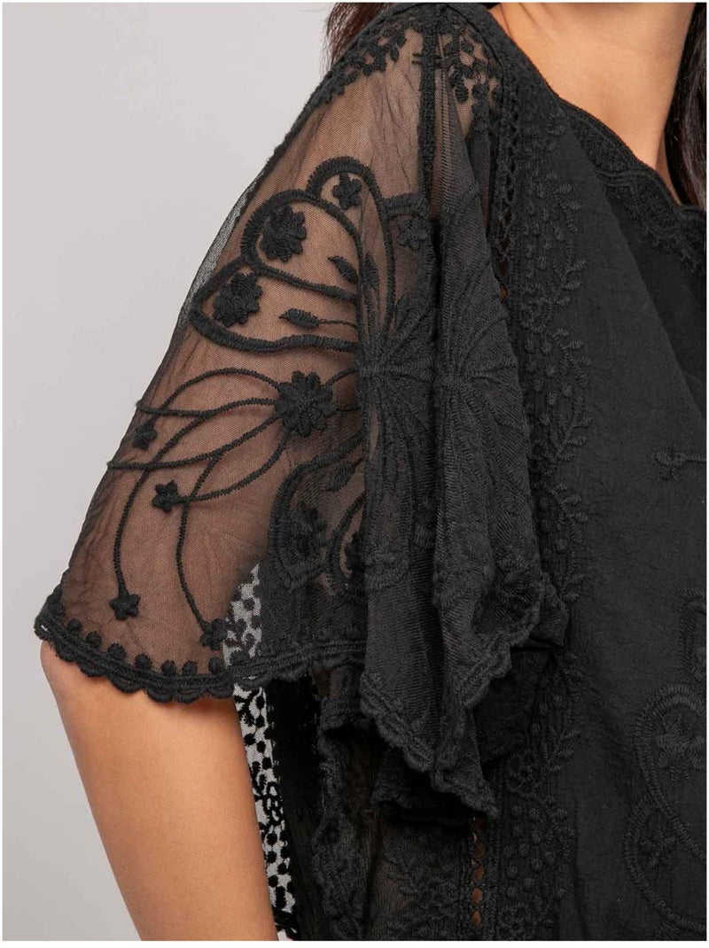 Top con maniche a farfalla e ricamo FLEURETTE Nero - Kiabi