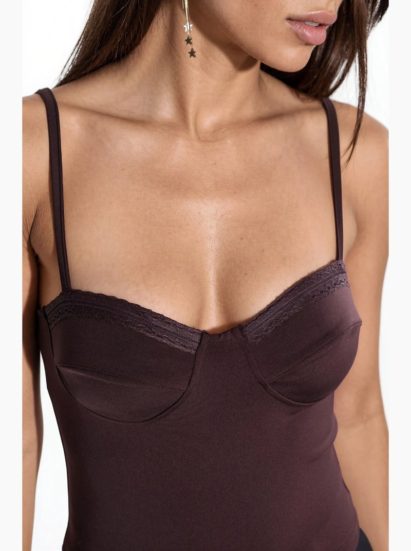 Top con scollo a cuore e dettagli in pizzo hiccup Marrone scuro - Kiabi